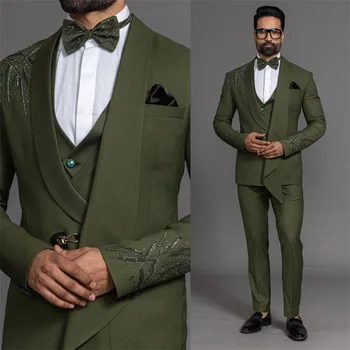 3個のスパンコール男性事務所のスーツセットのための結婚式Oliver緑の正式なビーズグタキシードジャケット事業+パンツ+ベストカスタム