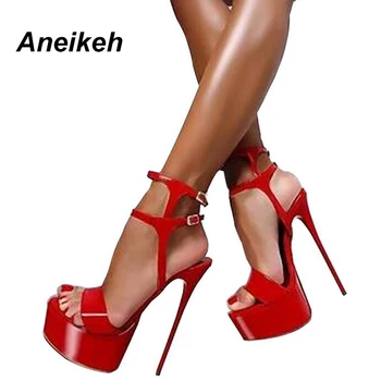 Aneikeh新2024年夏のファッションサンダルシオトゥ16CM高いヒールパドレスの結婚式ナイトクラブ女性の靴黒赤45 46