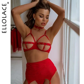 Ellolaceモ5-作品のポルノの下着セット性エロの衣装中空ブラ巾ブリーフ赤Sissyセクシーズ