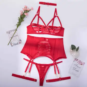 Ellolaceモ5-作品のポルノの下着セット性エロの衣装中空ブラ巾ブリーフ赤Sissyセクシーズ