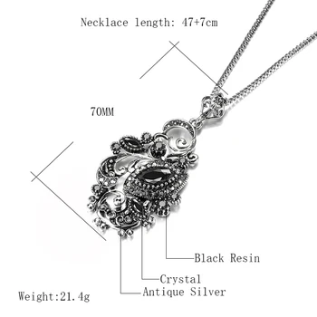 Kinel魅力黒石結晶の花のネックレス女性にはチベット銀樹脂の長いネックレスペンダントヴィンテージジュエリー卸売