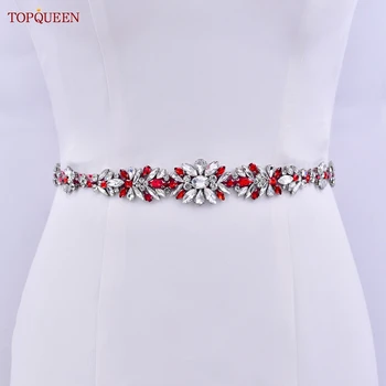 TOPQUEEN S122赤石のウェディングドレスベルトRhinestones Appliques手作りのブライダル付属品の女性夕飾りサッシ