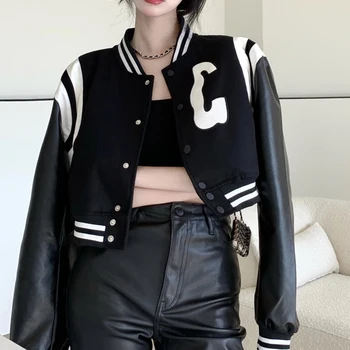 ジャケット女子爆撃機は黒塗りの革の野球のショートコートY2kジャケット女性ゴス衣Streetwear