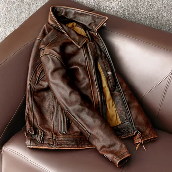 スワロオ男性の革ジャケットヴィンテージバイクのジャケットを100％牛皮革のコートの男性よね衣ジサイズS-6XL M697