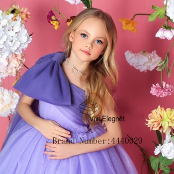 ノースリーブLaic紫色の花乙女服の大きなボウ2023ラインソフトチュールウェディングパーティーガ夏新فساتين اطفال للعيد