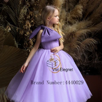 ノースリーブLaic紫色の花乙女服の大きなボウ2023ラインソフトチュールウェディングパーティーガ夏新فساتين اطفال للعيد