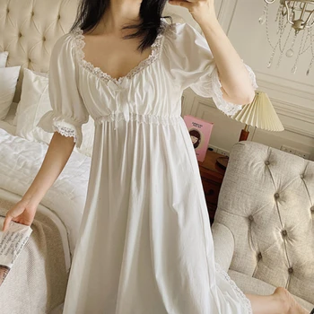 ビクトリア様式イ女性夏に白い木綿ヴィンテージNightgownsのロマンティックダーレース長Peignoir乳パッドナイトウェア